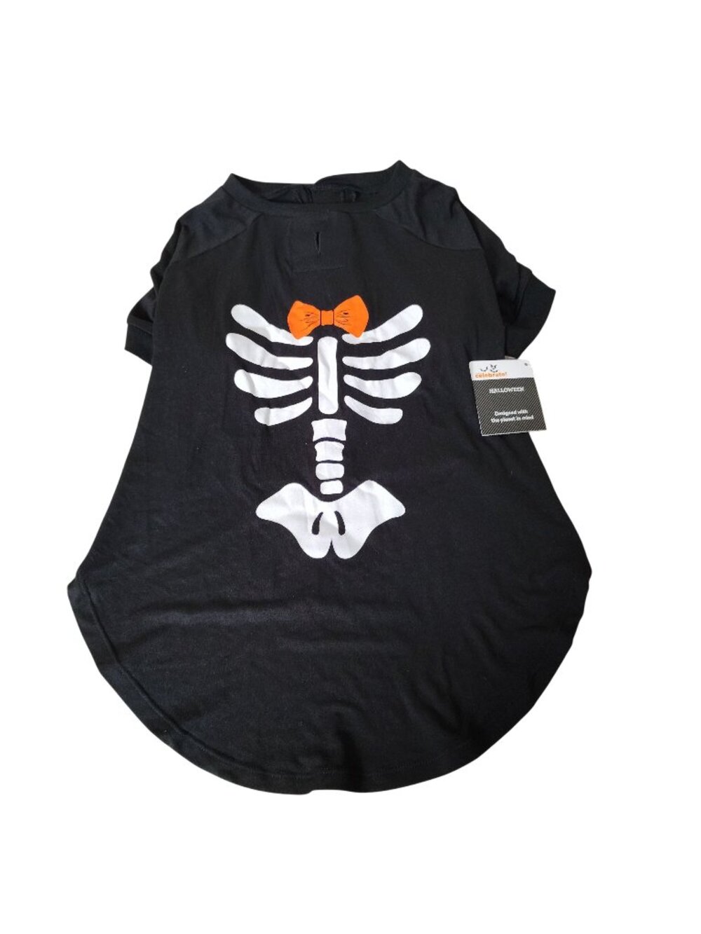 Halloween Skeleton Dog Dress Black Graphic Shirt Orange Ribbon Pet Costume L NWT